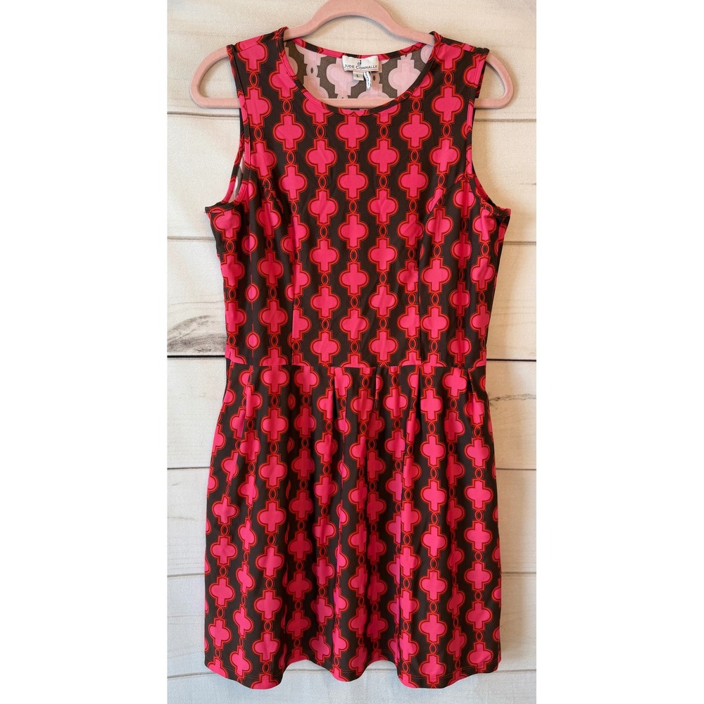 Jude Connally Pink Brown Geometric Quatrefoil Sleeveless Fit Flare Dress Large
